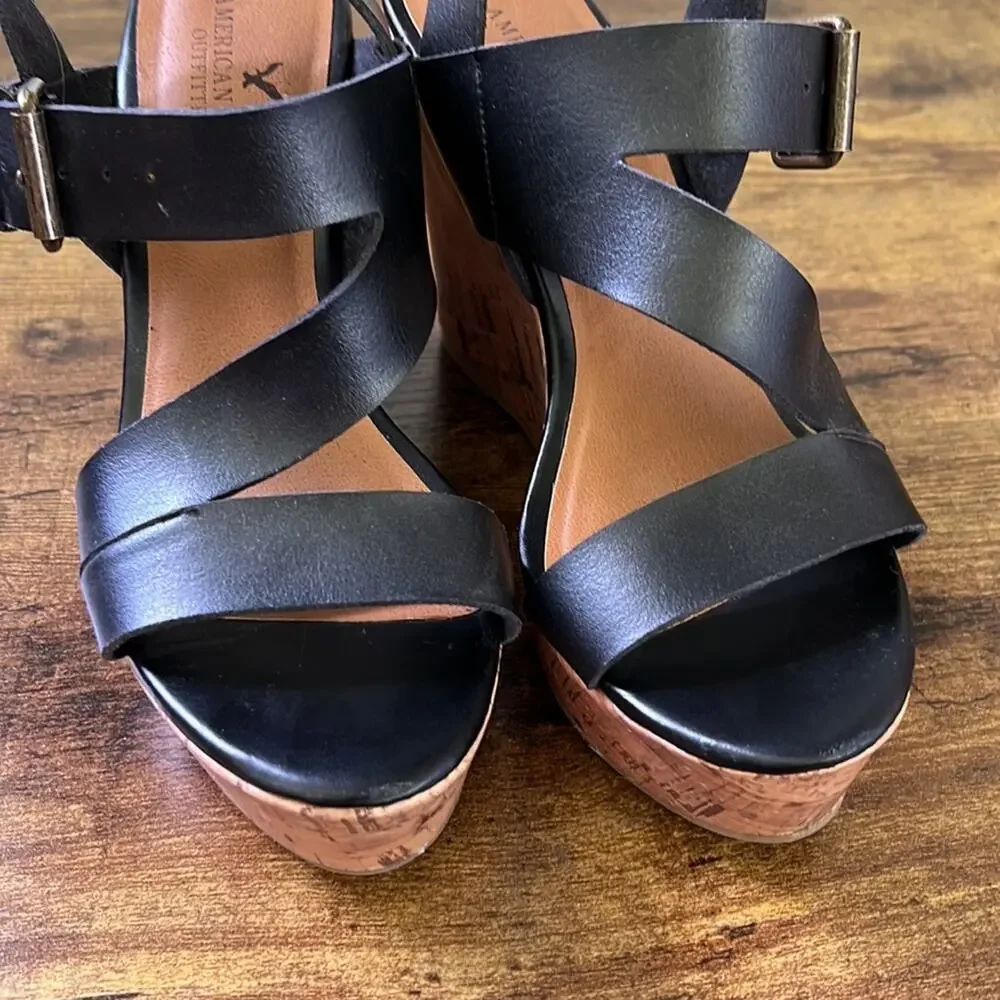 American Eagle Black Thick Strappy Cork Open Toe Platforms